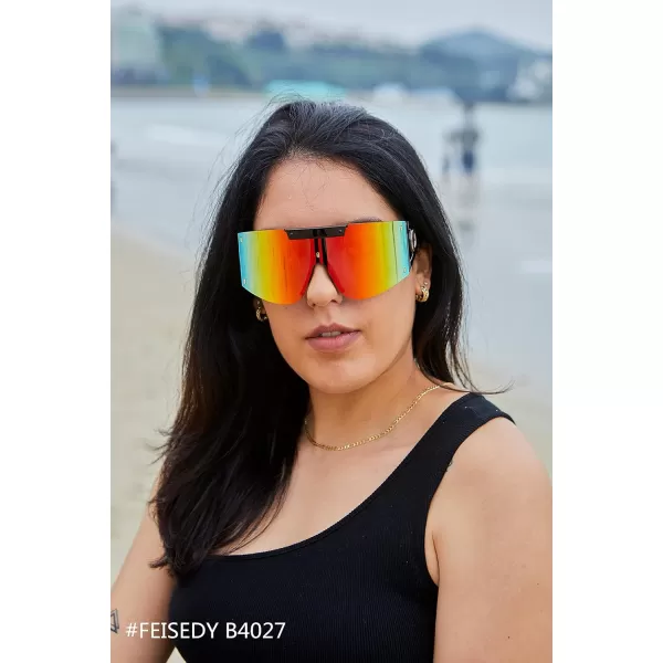 FEISEDY One Piece Oversized Sunglasses for Men Women Big Shades Wrap Shield Sunglasses for Cycling Driving Vacation B4027Black Frame  Red Mirrored Lens