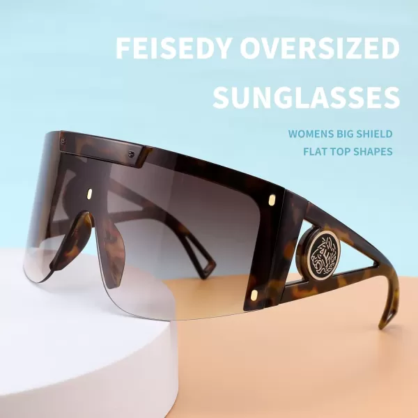 FEISEDY One Piece Oversized Sunglasses for Men Women Big Shades Wrap Shield Sunglasses for Cycling Driving Vacation B4027Leopard Frame  Gradual Tea Lens