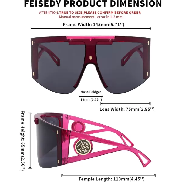 FEISEDY One Piece Oversized Sunglasses for Men Women Big Shades Wrap Shield Sunglasses for Cycling Driving Vacation B4027Rose Frame  Grey Lens