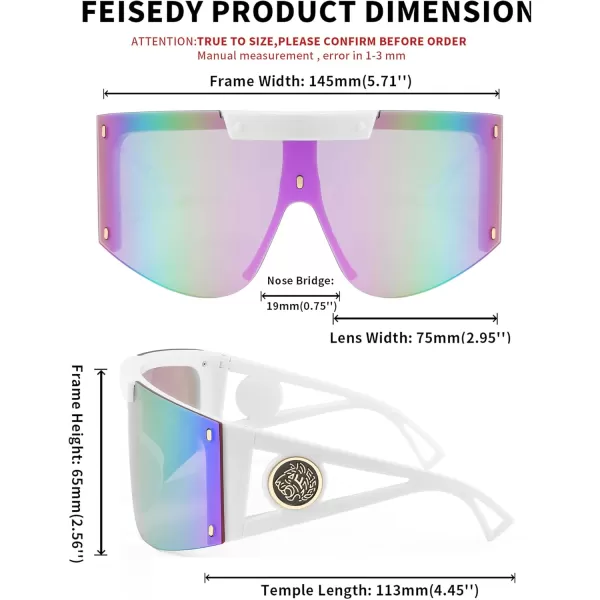 FEISEDY One Piece Oversized Sunglasses for Men Women Big Shades Wrap Shield Sunglasses for Cycling Driving Vacation B4027White Frame Purple Mirrored Lens