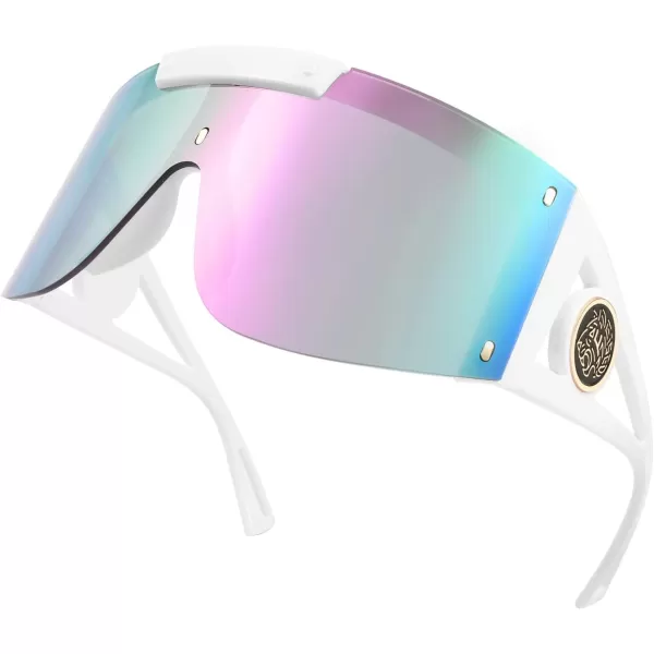 FEISEDY One Piece Oversized Sunglasses for Men Women Big Shades Wrap Shield Sunglasses for Cycling Driving Vacation B4027White Frame Purple Mirrored Lens