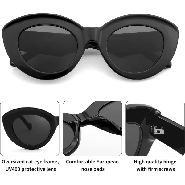 FEISEDY Oversized Cat Eye Sunglasses for Women Retro Thick Frame Oval Cateye Shades UV400 Sunnies B9068Black