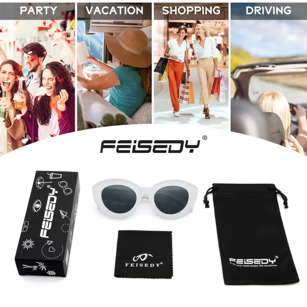 FEISEDY Oversized Cat Eye Sunglasses for Women Retro Thick Frame Oval Cateye Shades UV400 Sunnies B9068White