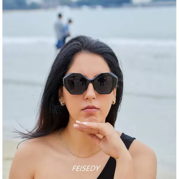 FEISEDY Oversized Cateye Sunglasses Women Men Vintage Trendy Cat Eye Shades B2817001 Black FrameGray Lens