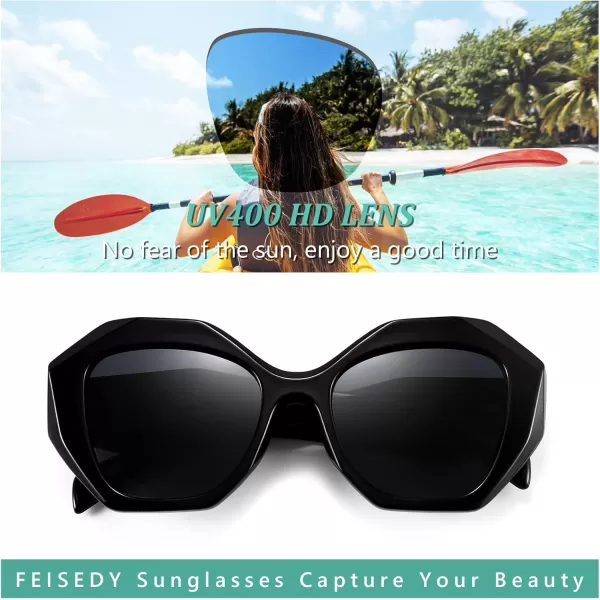 FEISEDY Oversized Cateye Sunglasses Women Men Vintage Trendy Cat Eye Shades B2817001 Black FrameGray Lens