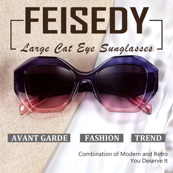FEISEDY Oversized Cateye Sunglasses Women Men Vintage Trendy Cat Eye Shades B2817002 Purple Pink Frame Gray Pink Lens
