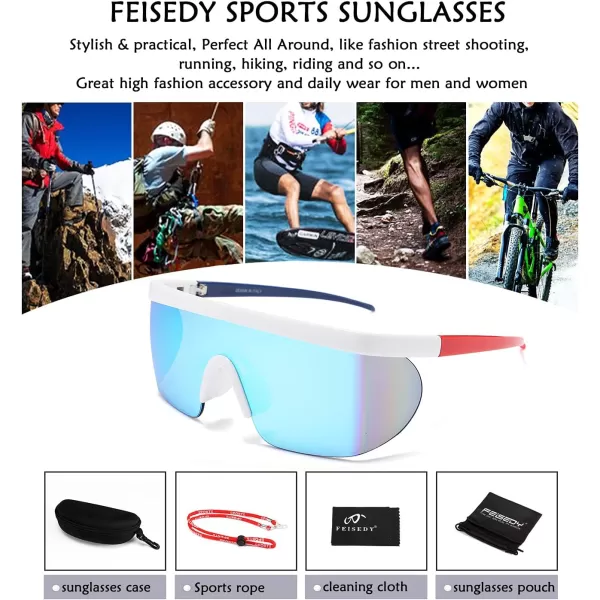 FEISEDY Oversized Mirror Shield Sport 80s Sunglasses Ski Goggles Flat Top One Piece Futuristic Visor Women Men B2522001 White Frame Blue Mirrored Lens
