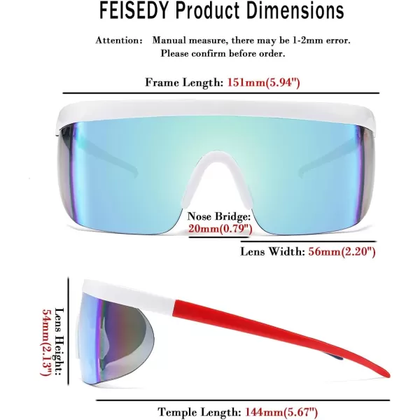 FEISEDY Oversized Mirror Shield Sport 80s Sunglasses Ski Goggles Flat Top One Piece Futuristic Visor Women Men B2522001 White Frame Blue Mirrored Lens