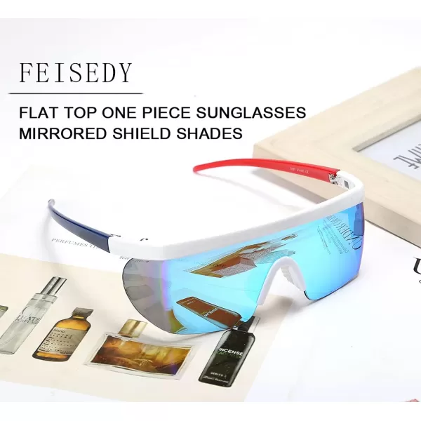 FEISEDY Oversized Mirror Shield Sport 80s Sunglasses Ski Goggles Flat Top One Piece Futuristic Visor Women Men B2522001 White Frame Blue Mirrored Lens
