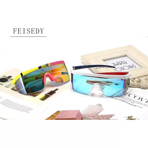 FEISEDY Oversized Mirror Shield Sport 80s Sunglasses Ski Goggles Flat Top One Piece Futuristic Visor Women Men B2522001 White Frame Blue Mirrored Lens