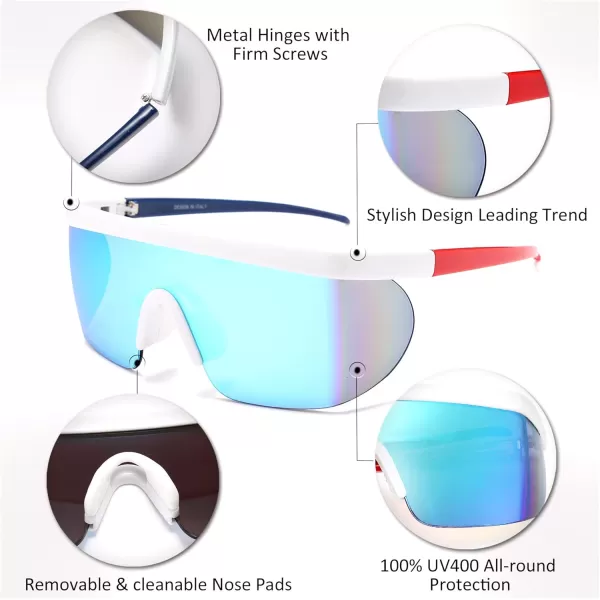 FEISEDY Oversized Mirror Shield Sport 80s Sunglasses Ski Goggles Flat Top One Piece Futuristic Visor Women Men B2522001 White Frame Blue Mirrored Lens