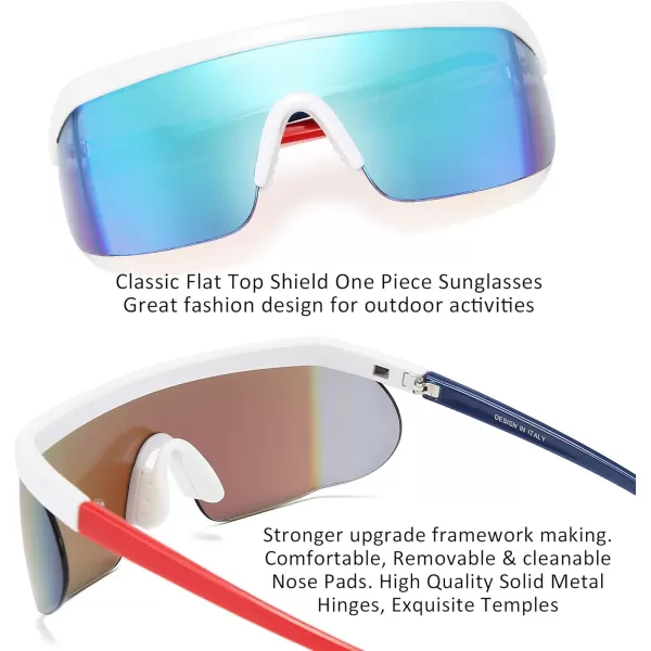 FEISEDY Oversized Mirror Shield Sport 80s Sunglasses Ski Goggles Flat Top One Piece Futuristic Visor Women Men B2522001 White Frame Blue Mirrored Lens