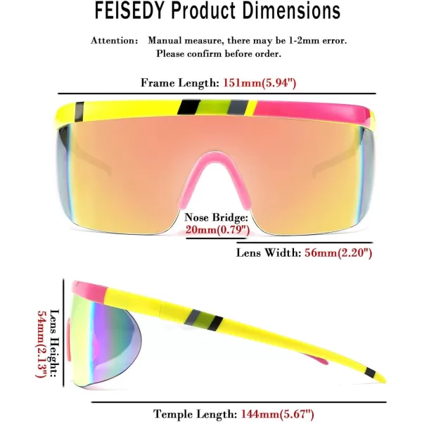 FEISEDY Oversized Mirror Shield Sport 80s Sunglasses Ski Goggles Flat Top One Piece Futuristic Visor Women Men B2522002 Yellow Frame Yellow Mirrored Lens