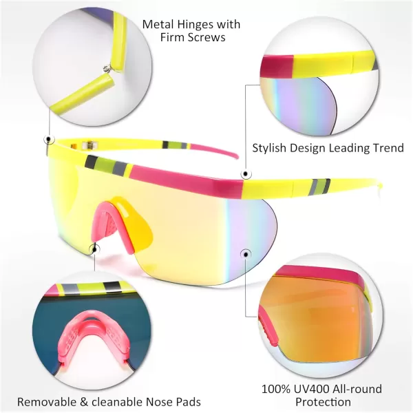 FEISEDY Oversized Mirror Shield Sport 80s Sunglasses Ski Goggles Flat Top One Piece Futuristic Visor Women Men B2522002 Yellow Frame Yellow Mirrored Lens