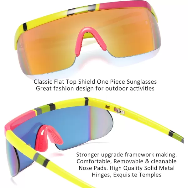 FEISEDY Oversized Mirror Shield Sport 80s Sunglasses Ski Goggles Flat Top One Piece Futuristic Visor Women Men B2522002 Yellow Frame Yellow Mirrored Lens