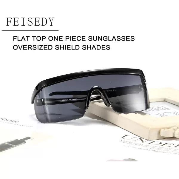 FEISEDY Oversized Mirror Shield Sport 80s Sunglasses Ski Goggles Flat Top One Piece Futuristic Visor Women Men B2522004 Bright Black Frame Gray Lens
