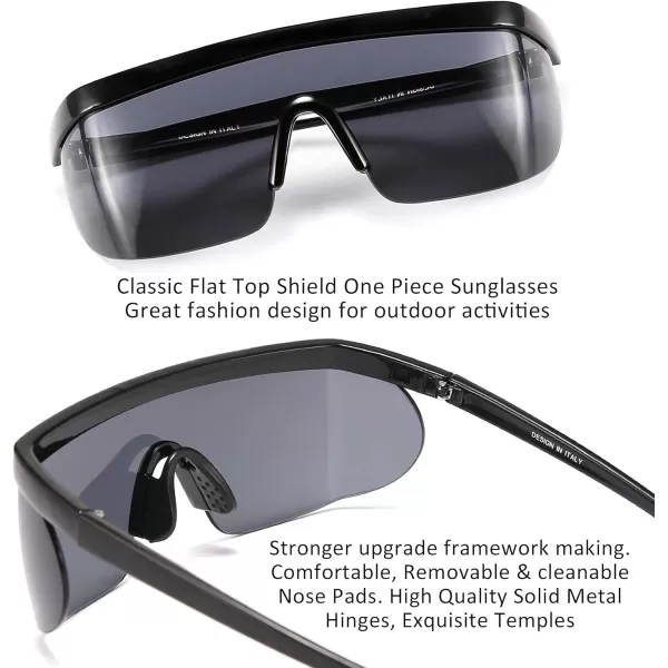 FEISEDY Oversized Mirror Shield Sport 80s Sunglasses Ski Goggles Flat Top One Piece Futuristic Visor Women Men B2522004 Bright Black Frame Gray Lens