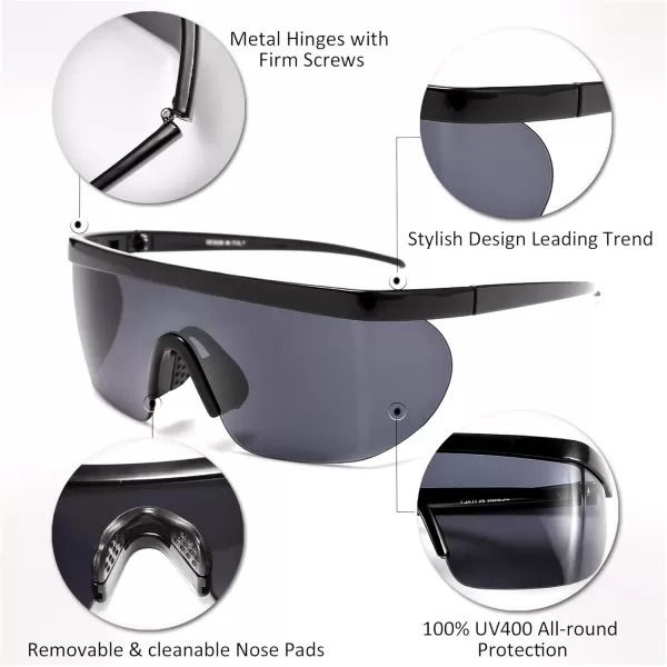 FEISEDY Oversized Mirror Shield Sport 80s Sunglasses Ski Goggles Flat Top One Piece Futuristic Visor Women Men B2522004 Bright Black Frame Gray Lens
