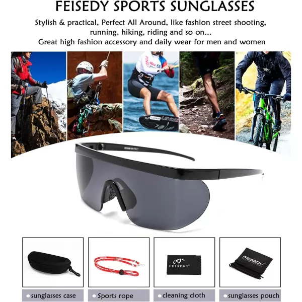FEISEDY Oversized Mirror Shield Sport 80s Sunglasses Ski Goggles Flat Top One Piece Futuristic Visor Women Men B2522004 Bright Black Frame Gray Lens