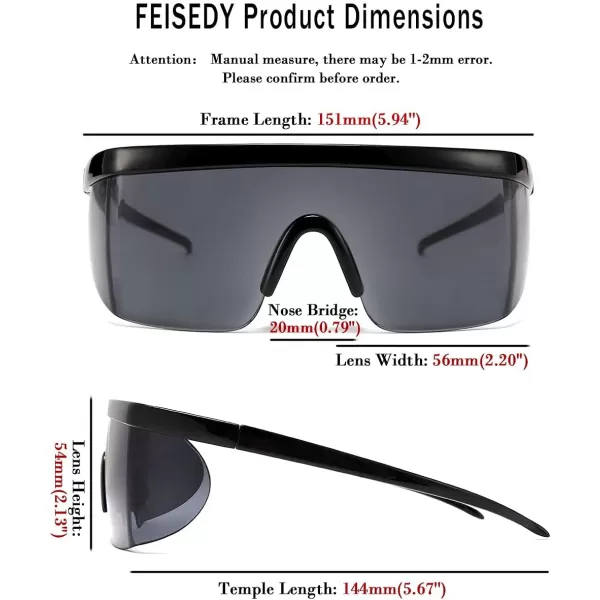 FEISEDY Oversized Mirror Shield Sport 80s Sunglasses Ski Goggles Flat Top One Piece Futuristic Visor Women Men B2522004 Bright Black Frame Gray Lens
