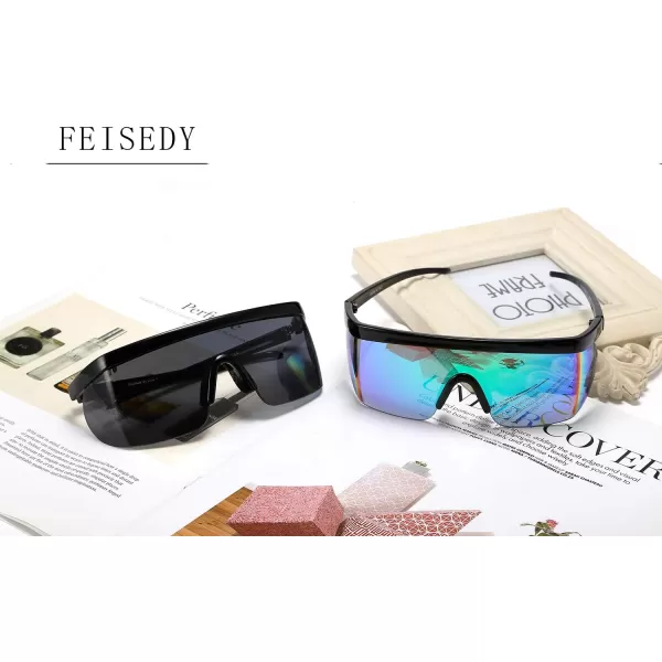 FEISEDY Oversized Mirror Shield Sport 80s Sunglasses Ski Goggles Flat Top One Piece Futuristic Visor Women Men B2522004 Bright Black Frame Gray Lens