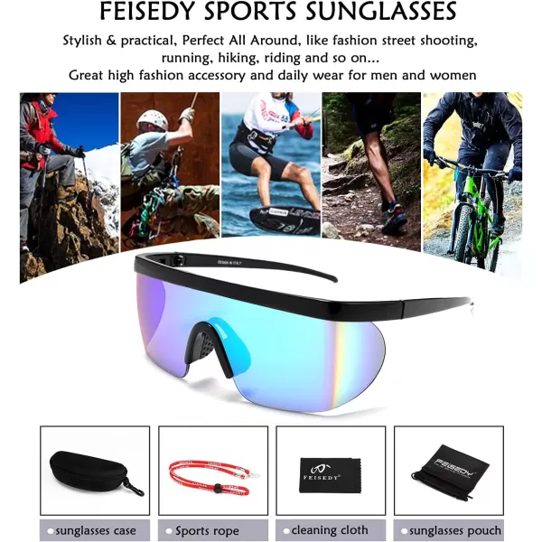 FEISEDY Oversized Mirror Shield Sport 80s Sunglasses Ski Goggles Flat Top One Piece Futuristic Visor Women Men B2522005 Bright Black Frame Green Mirrored Lens