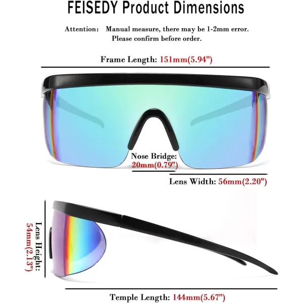 FEISEDY Oversized Mirror Shield Sport 80s Sunglasses Ski Goggles Flat Top One Piece Futuristic Visor Women Men B2522005 Bright Black Frame Green Mirrored Lens