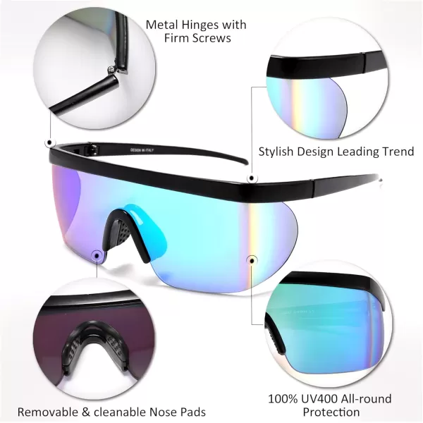 FEISEDY Oversized Mirror Shield Sport 80s Sunglasses Ski Goggles Flat Top One Piece Futuristic Visor Women Men B2522005 Bright Black Frame Green Mirrored Lens