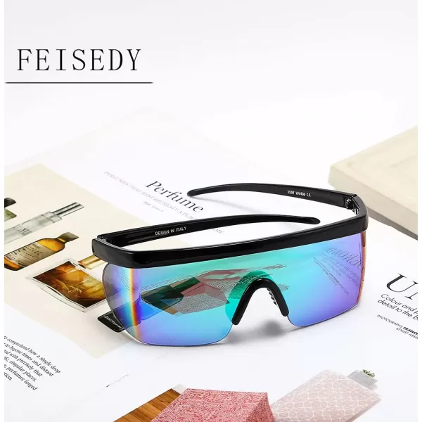FEISEDY Oversized Mirror Shield Sport 80s Sunglasses Ski Goggles Flat Top One Piece Futuristic Visor Women Men B2522005 Bright Black Frame Green Mirrored Lens