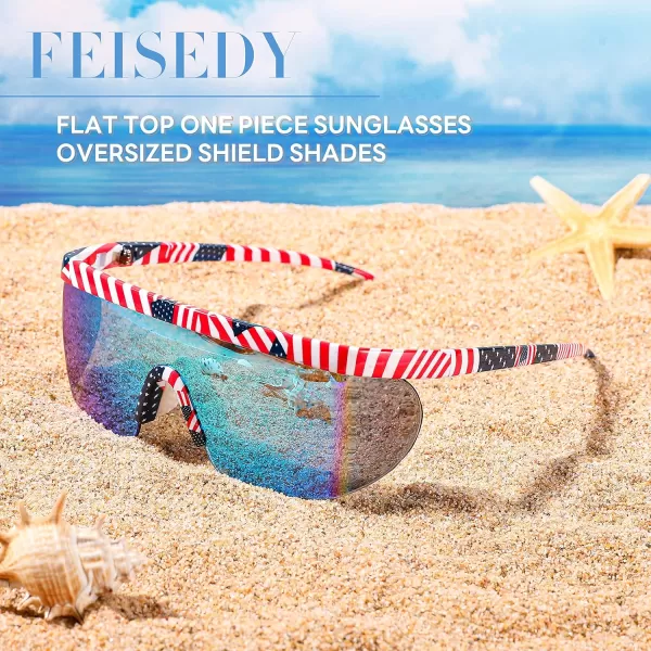 FEISEDY Oversized Mirror Shield Sport 80s Sunglasses Ski Goggles Flat Top One Piece Futuristic Visor Women Men B2522007 Us Flag Frame and Blue Lenses