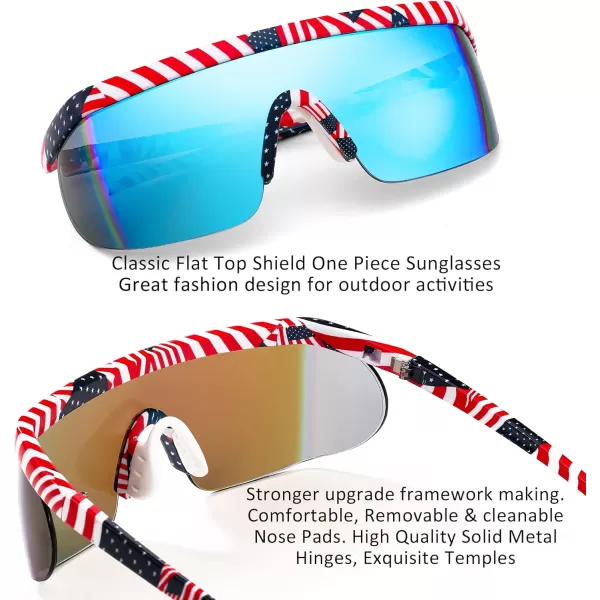 FEISEDY Oversized Mirror Shield Sport 80s Sunglasses Ski Goggles Flat Top One Piece Futuristic Visor Women Men B2522007 Us Flag Frame and Blue Lenses
