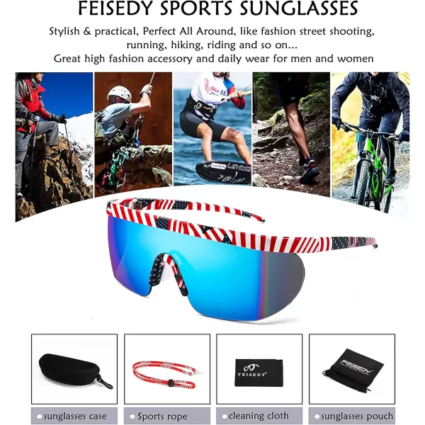 FEISEDY Oversized Mirror Shield Sport 80s Sunglasses Ski Goggles Flat Top One Piece Futuristic Visor Women Men B2522007 Us Flag Frame and Blue Lenses