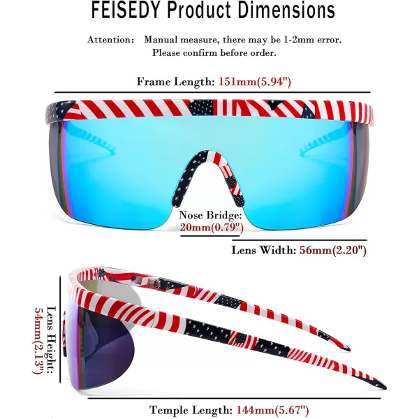 FEISEDY Oversized Mirror Shield Sport 80s Sunglasses Ski Goggles Flat Top One Piece Futuristic Visor Women Men B2522007 Us Flag Frame and Blue Lenses