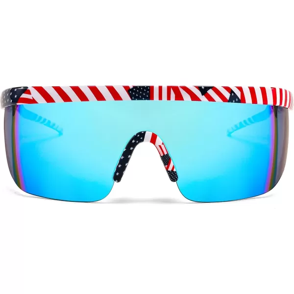FEISEDY Oversized Mirror Shield Sport 80s Sunglasses Ski Goggles Flat Top One Piece Futuristic Visor Women Men B2522007 Us Flag Frame and Blue Lenses