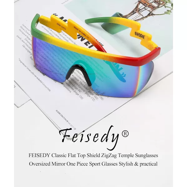 FEISEDY Oversized Mirror Shield Sport 80s Sunglasses Ski Goggles Flat Top One Piece Futuristic Visor Women Men B2522C01 Rainbow
