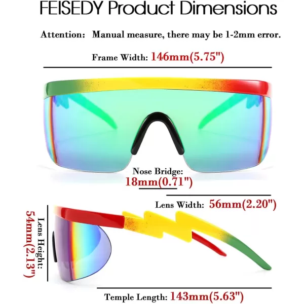 FEISEDY Oversized Mirror Shield Sport 80s Sunglasses Ski Goggles Flat Top One Piece Futuristic Visor Women Men B2522C01 Rainbow