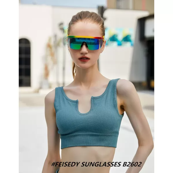 FEISEDY Oversized Mirror Shield Sport 80s Sunglasses Ski Goggles Flat Top One Piece Futuristic Visor Women Men B2522C01 Rainbow