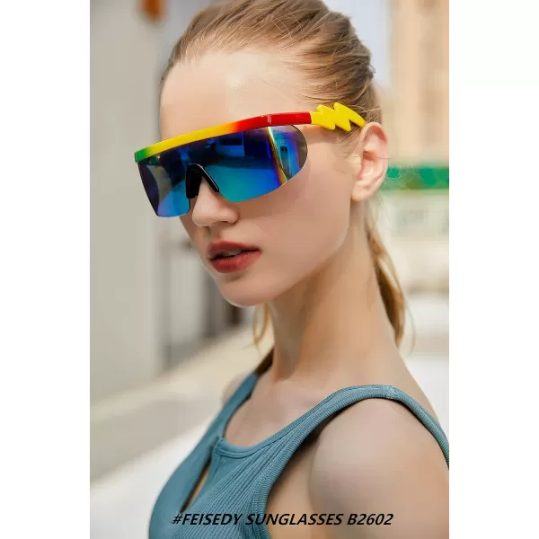 FEISEDY Oversized Mirror Shield Sport 80s Sunglasses Ski Goggles Flat Top One Piece Futuristic Visor Women Men B2522C01 Rainbow