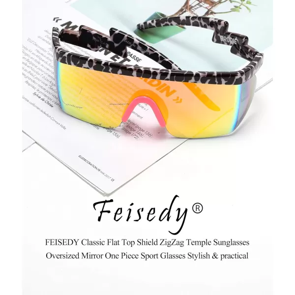 FEISEDY Oversized Mirror Shield Sport 80s Sunglasses Ski Goggles Flat Top One Piece Futuristic Visor Women Men B2522C02 Leopard
