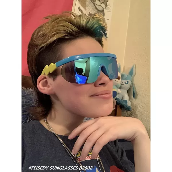 FEISEDY Oversized Mirror Shield Sport 80s Sunglasses Ski Goggles Flat Top One Piece Futuristic Visor Women Men B2522C04 Blue Sky