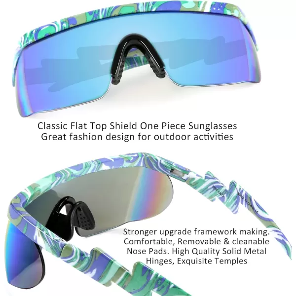 FEISEDY Oversized Mirror Shield Sport 80s Sunglasses Ski Goggles Flat Top One Piece Futuristic Visor Women Men B2522C05 Green Marble