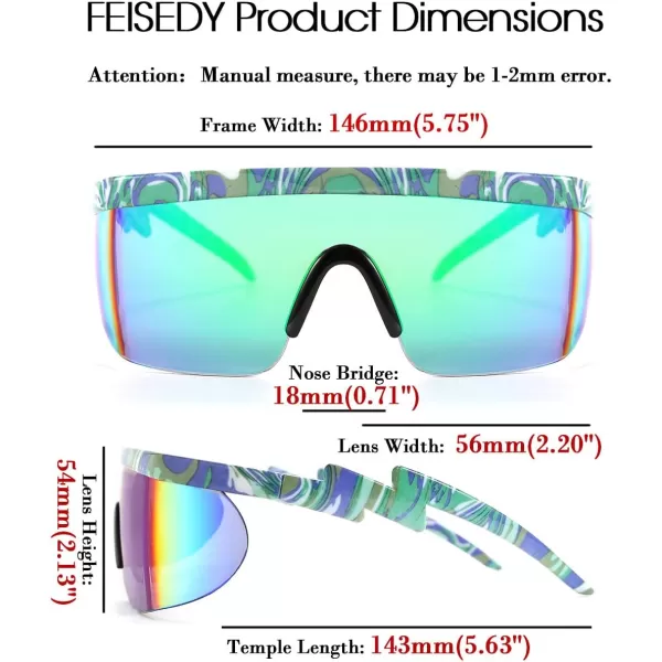 FEISEDY Oversized Mirror Shield Sport 80s Sunglasses Ski Goggles Flat Top One Piece Futuristic Visor Women Men B2522C05 Green Marble