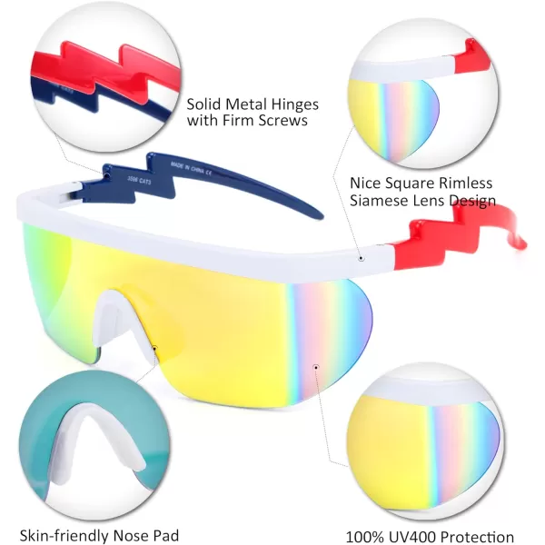 FEISEDY Oversized Mirror Shield Sport 80s Sunglasses Ski Goggles Flat Top One Piece Futuristic Visor Women Men B2522C06 Rainbow Blue Red Leg