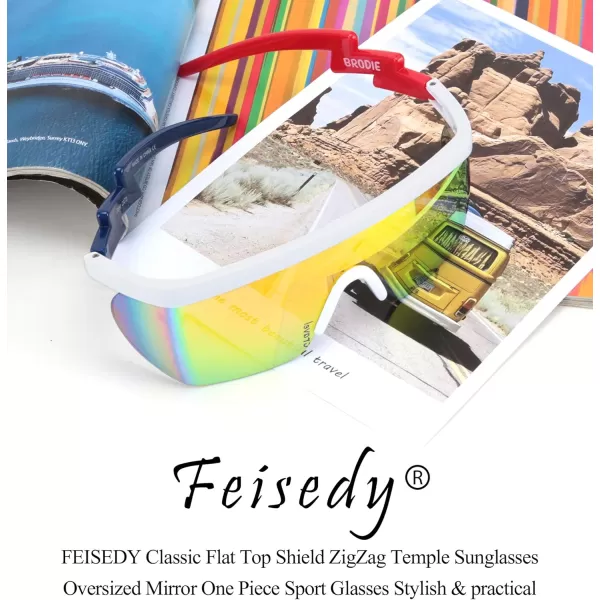 FEISEDY Oversized Mirror Shield Sport 80s Sunglasses Ski Goggles Flat Top One Piece Futuristic Visor Women Men B2522C06 Rainbow Blue Red Leg