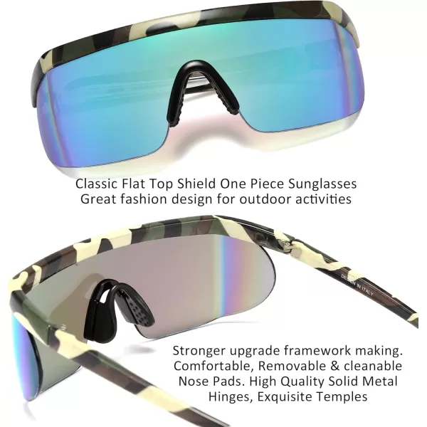 FEISEDY Oversized Mirror Shield Sport 80s Sunglasses Ski Goggles Flat Top One Piece Futuristic Visor Women Men B2522Camouflage Frame Green Mirrored Lens