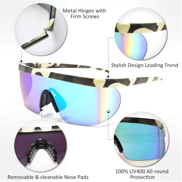 FEISEDY Oversized Mirror Shield Sport 80s Sunglasses Ski Goggles Flat Top One Piece Futuristic Visor Women Men B2522Camouflage Frame Green Mirrored Lens