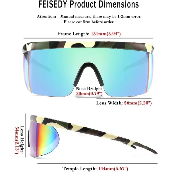 FEISEDY Oversized Mirror Shield Sport 80s Sunglasses Ski Goggles Flat Top One Piece Futuristic Visor Women Men B2522Camouflage Frame Green Mirrored Lens