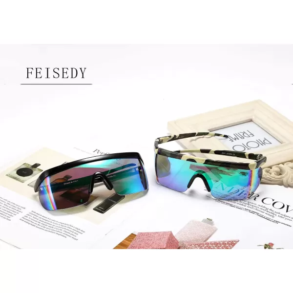 FEISEDY Oversized Mirror Shield Sport 80s Sunglasses Ski Goggles Flat Top One Piece Futuristic Visor Women Men B2522Camouflage Frame Green Mirrored Lens