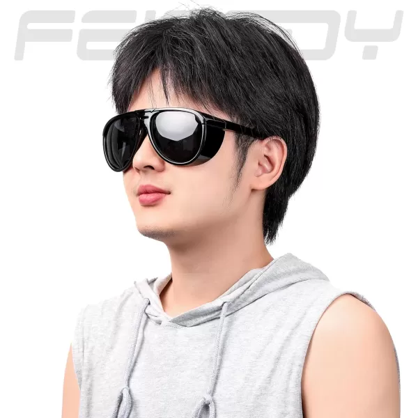 FEISEDY Polarized Aviator Sunglasses Men Women Oversized Round Steampunk Sunglasses Side Shield Goggles B0095Black Frame  Grey Lens