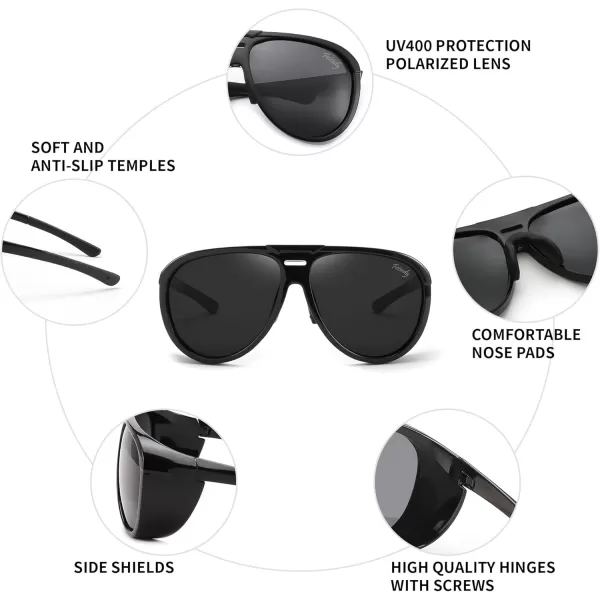 FEISEDY Polarized Aviator Sunglasses Men Women Oversized Round Steampunk Sunglasses Side Shield Goggles B0095Black Frame  Grey Lens